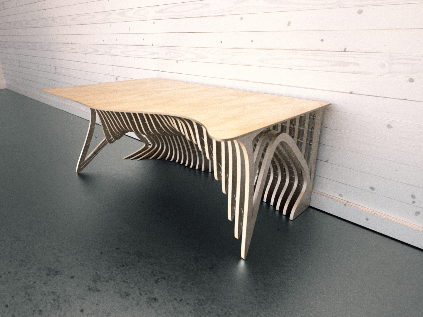 Wooden table with a unique design on it, sitting on the floor in front of a wall