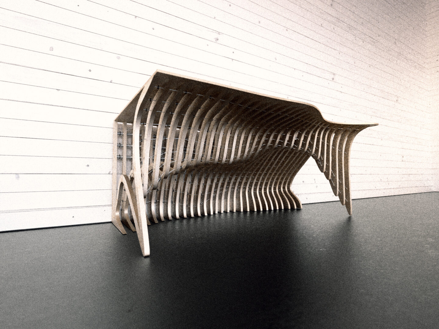 Wooden bench sitting atop a black floor, with a wall in the background