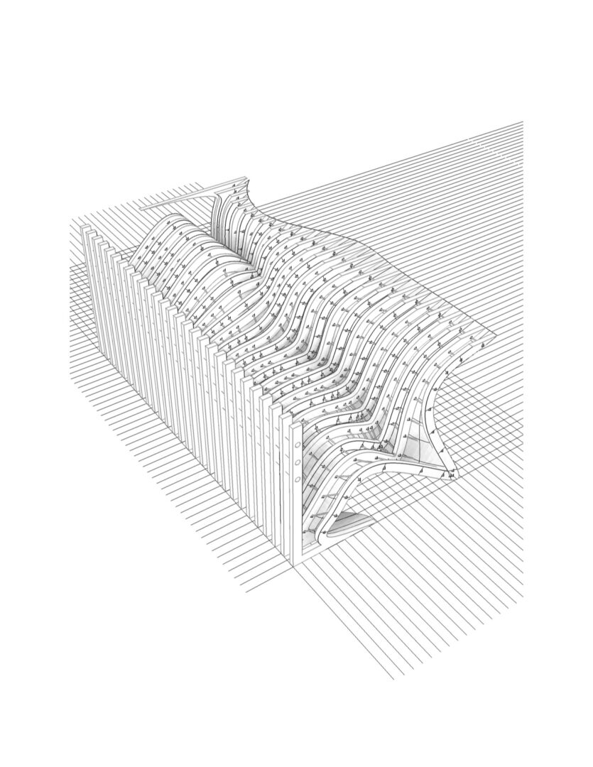 Black and white drawing of a bench with a curved design