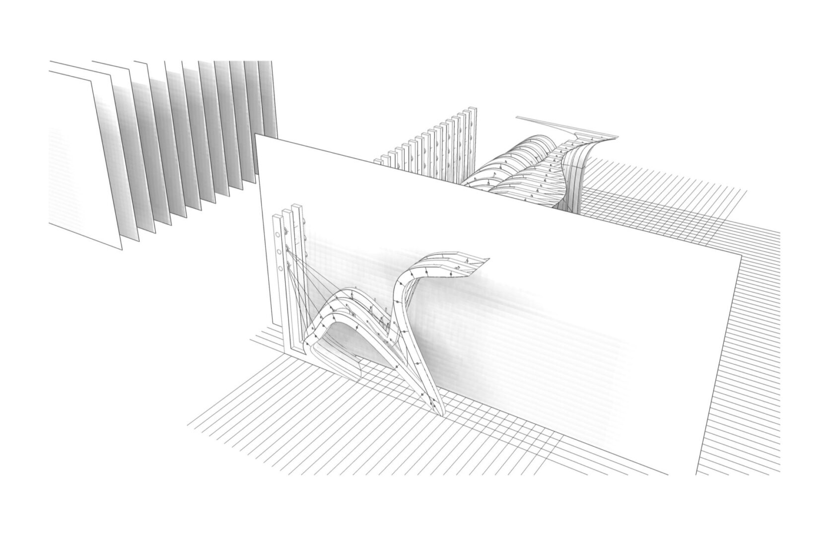 Black and white drawing of a building with a curved roof