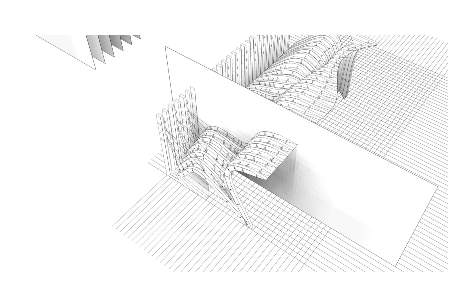 Black and white drawing of a building with a curved roof, which is the new entrance to the new building