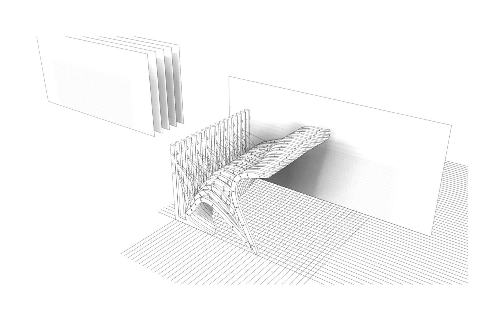 Black and white drawing of a bench in a room, with a few objects in the background