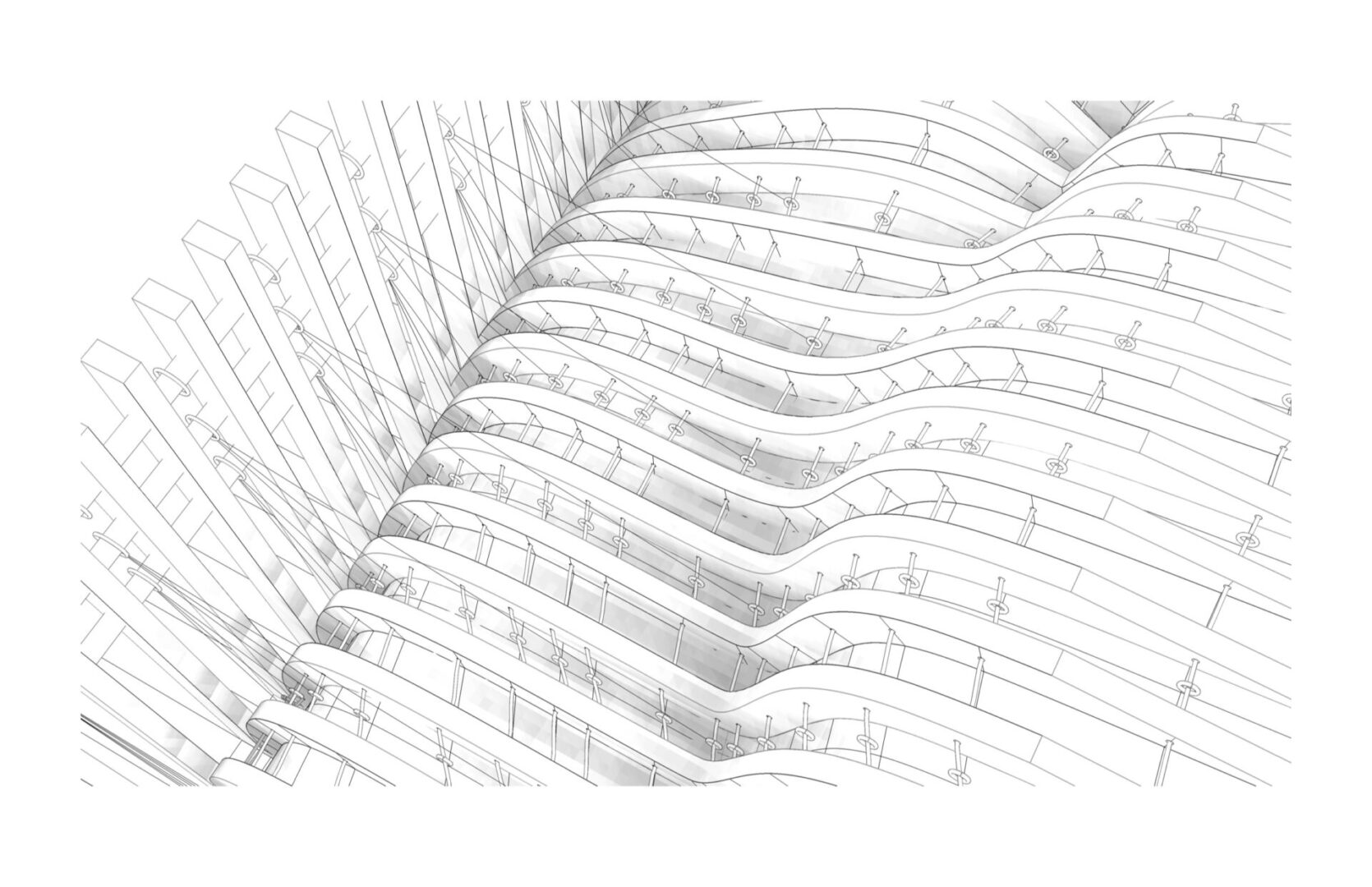Black and white drawing of a building with a lot of windows, set against a white background