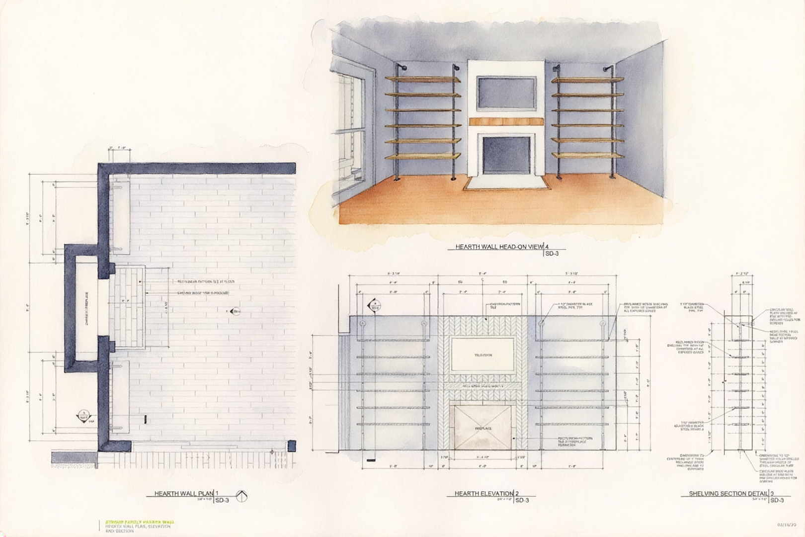 Drawing of a room with a fireplace and shelves, as well as a wall with a design plan