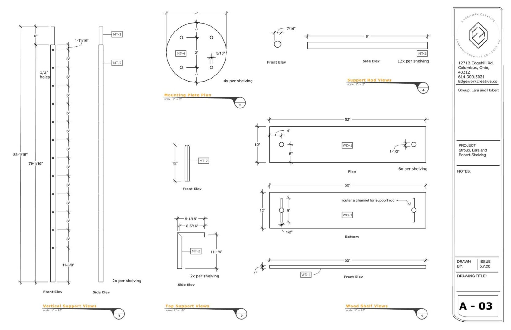 Drawing of a wall mounted shelf with a logo and text on the right side