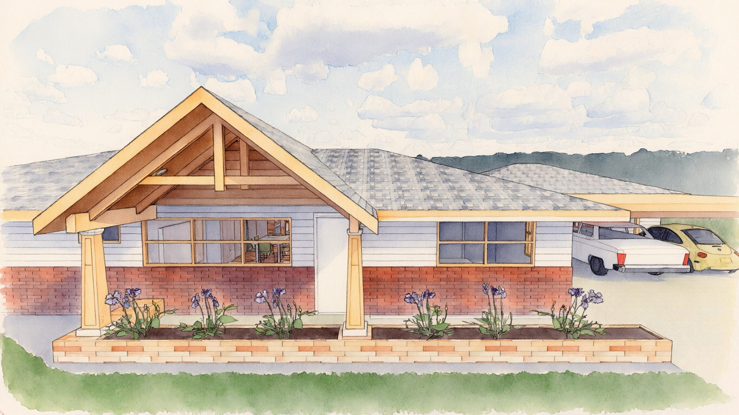 Craftsman-style bungalow with a car parked in front of it, surrounded by lush green grass and plants with colorful flowers