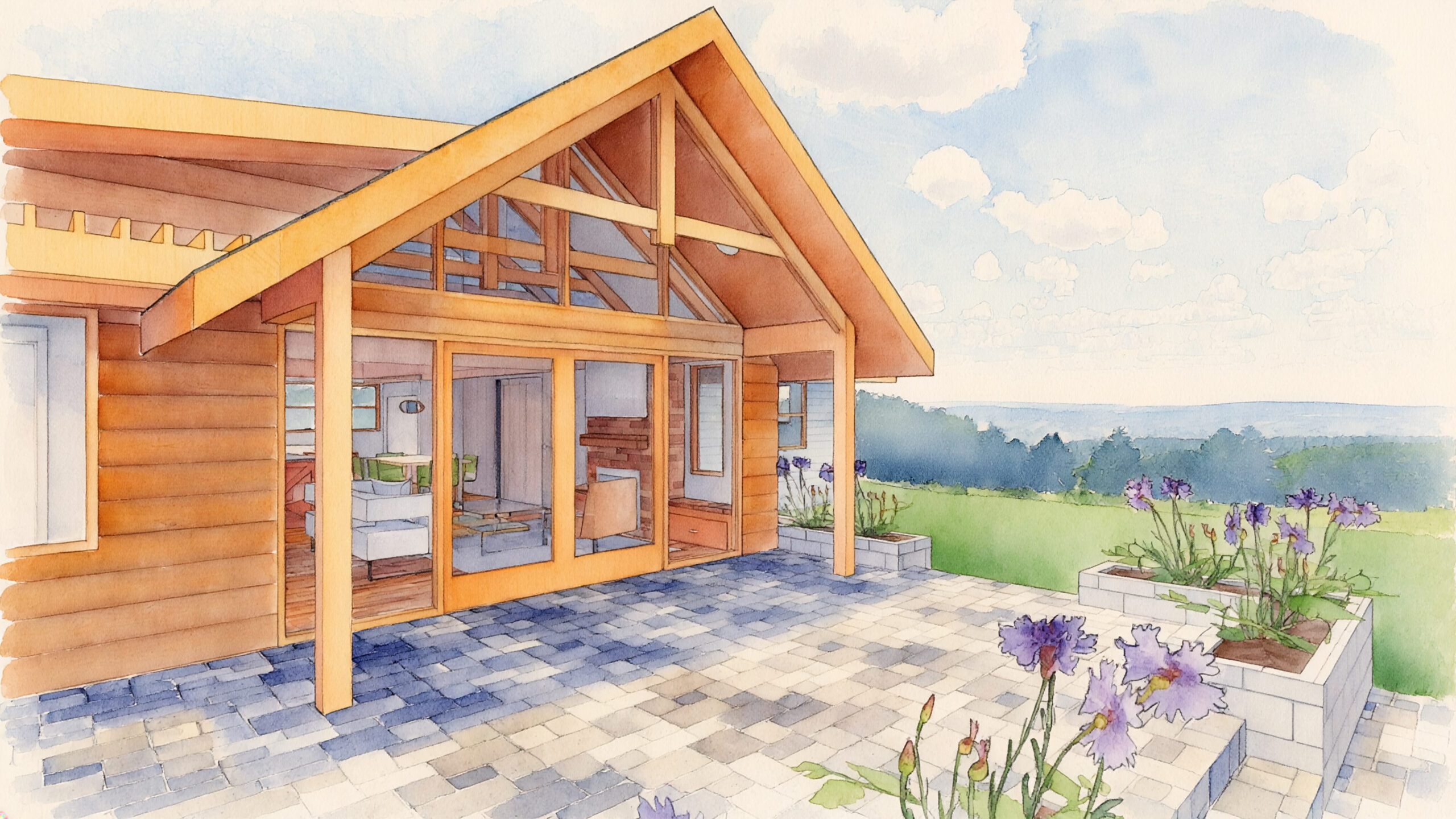 Watercolor painting of a log cabin with a patio, surrounded by lush green grass and trees