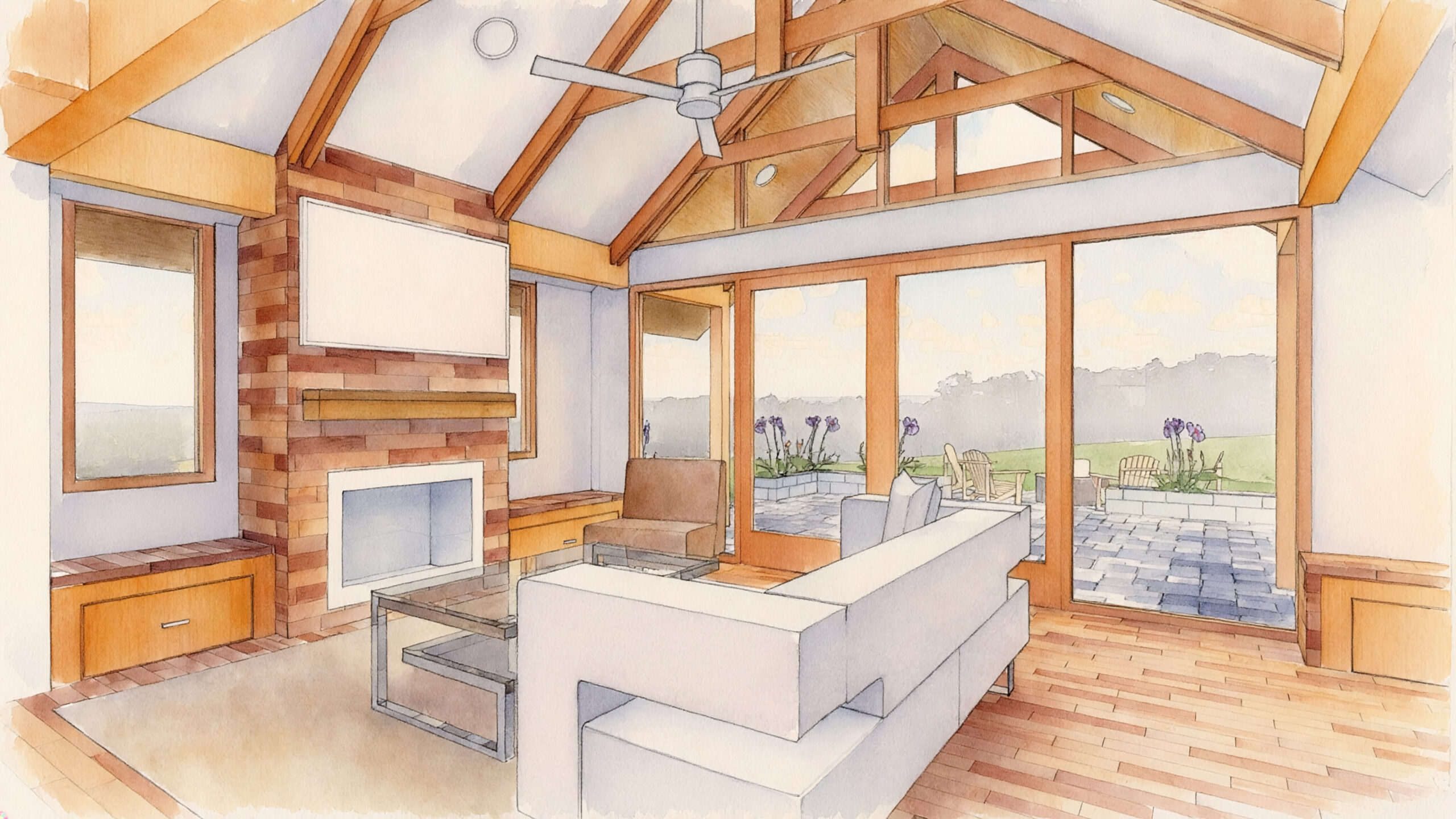 Living room with a sofa set, table, fireplace, cupboards, wall hangings, electric lights, ceiling fan, and glass doors