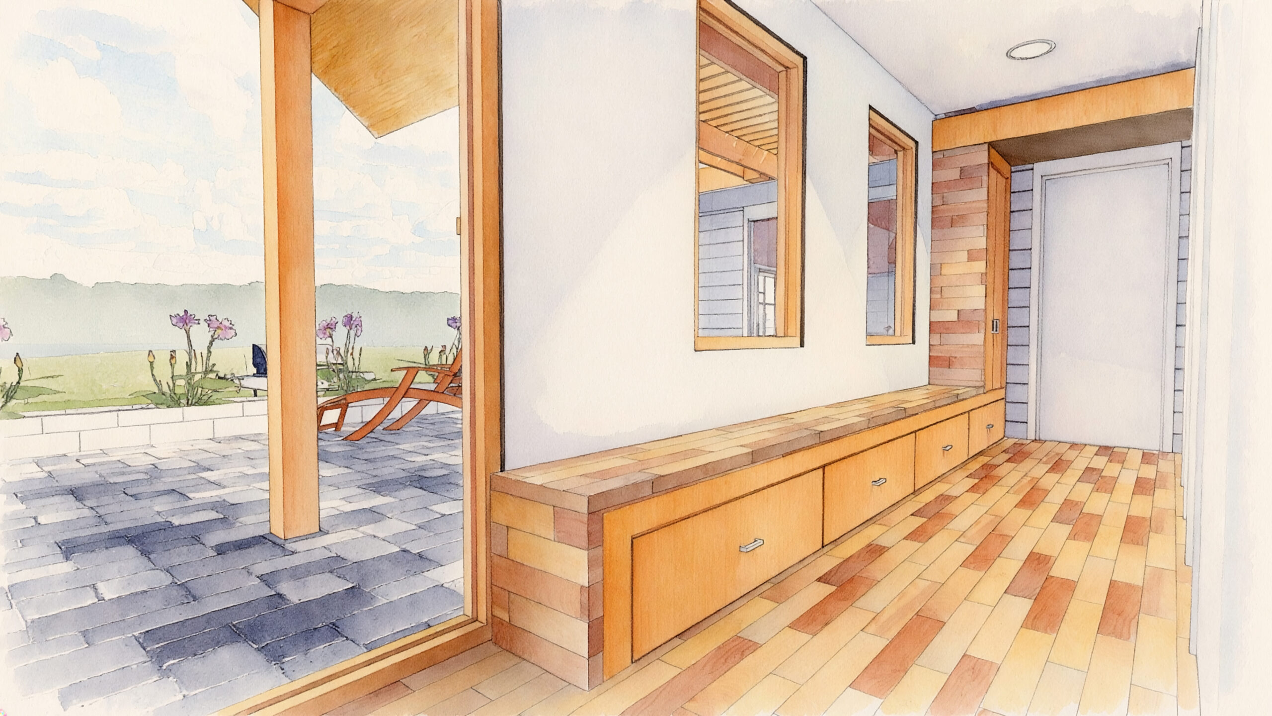 Watercolor painting of a room with a wooden floor, a wall with a mirror and a door, a ceiling