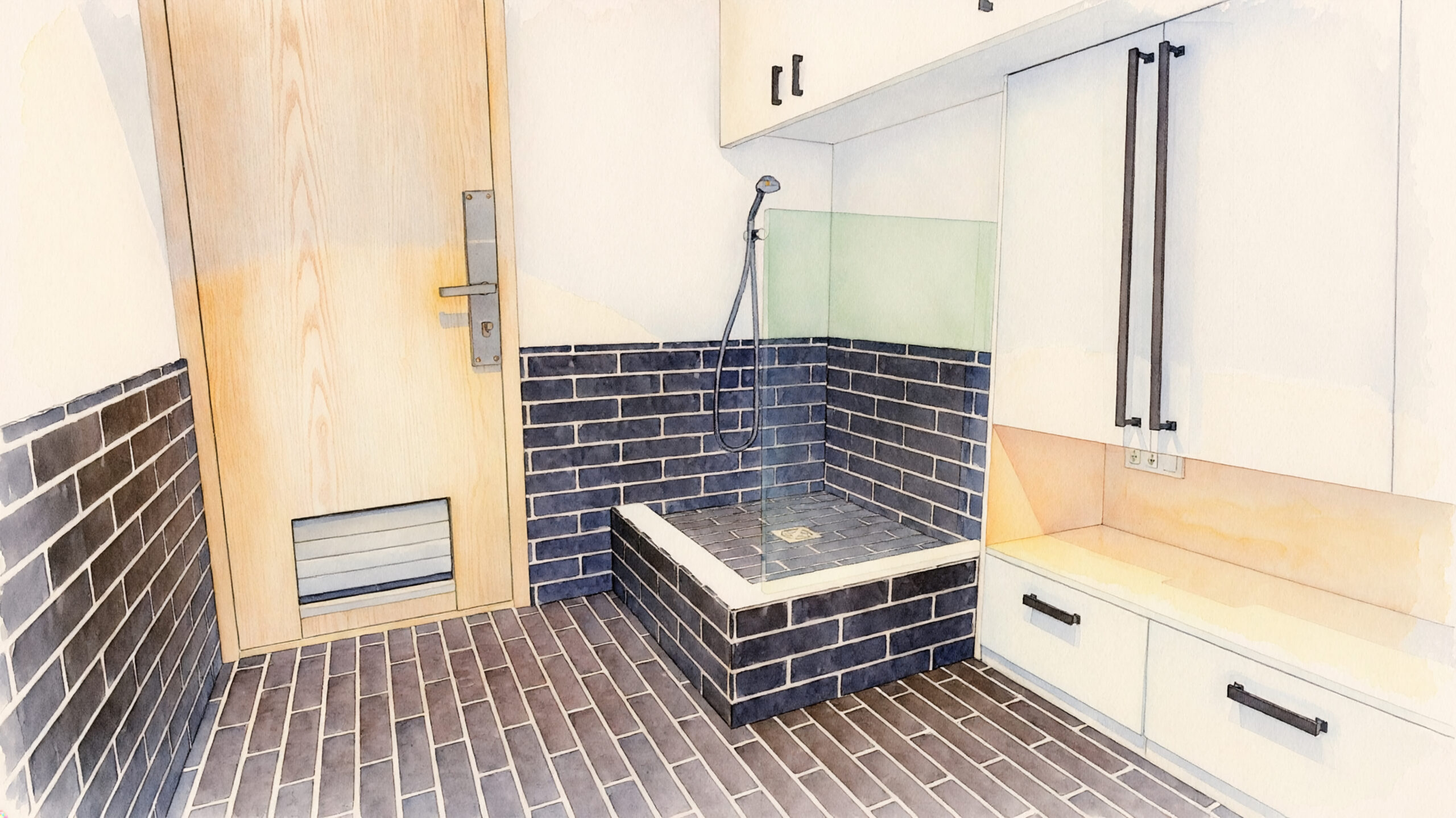 Bathroom with a walk-in shower next to a sink, with a door, cupboards, and a tiled floor