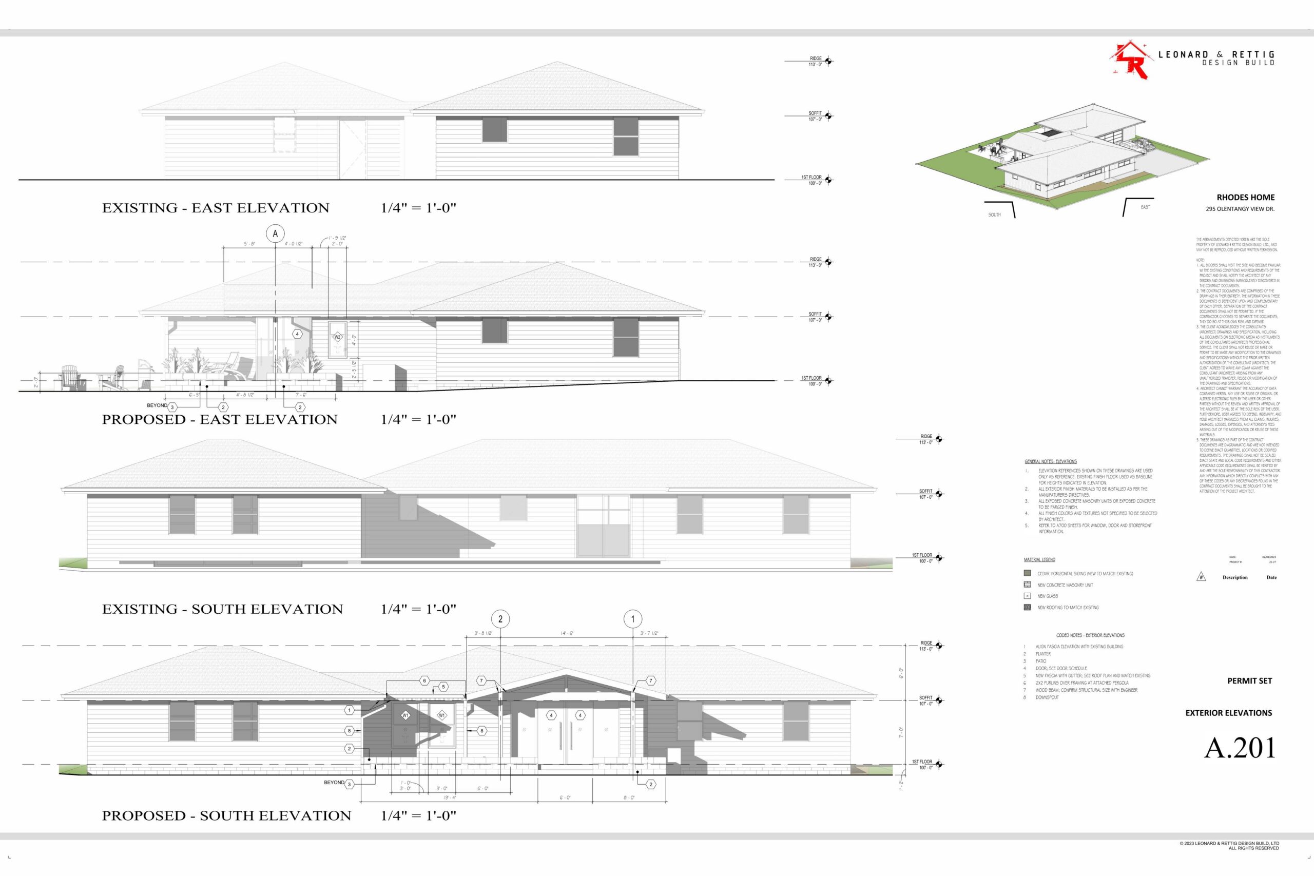 Drawing of a house with a lot of windows and elevations, along with a blueprint of the house