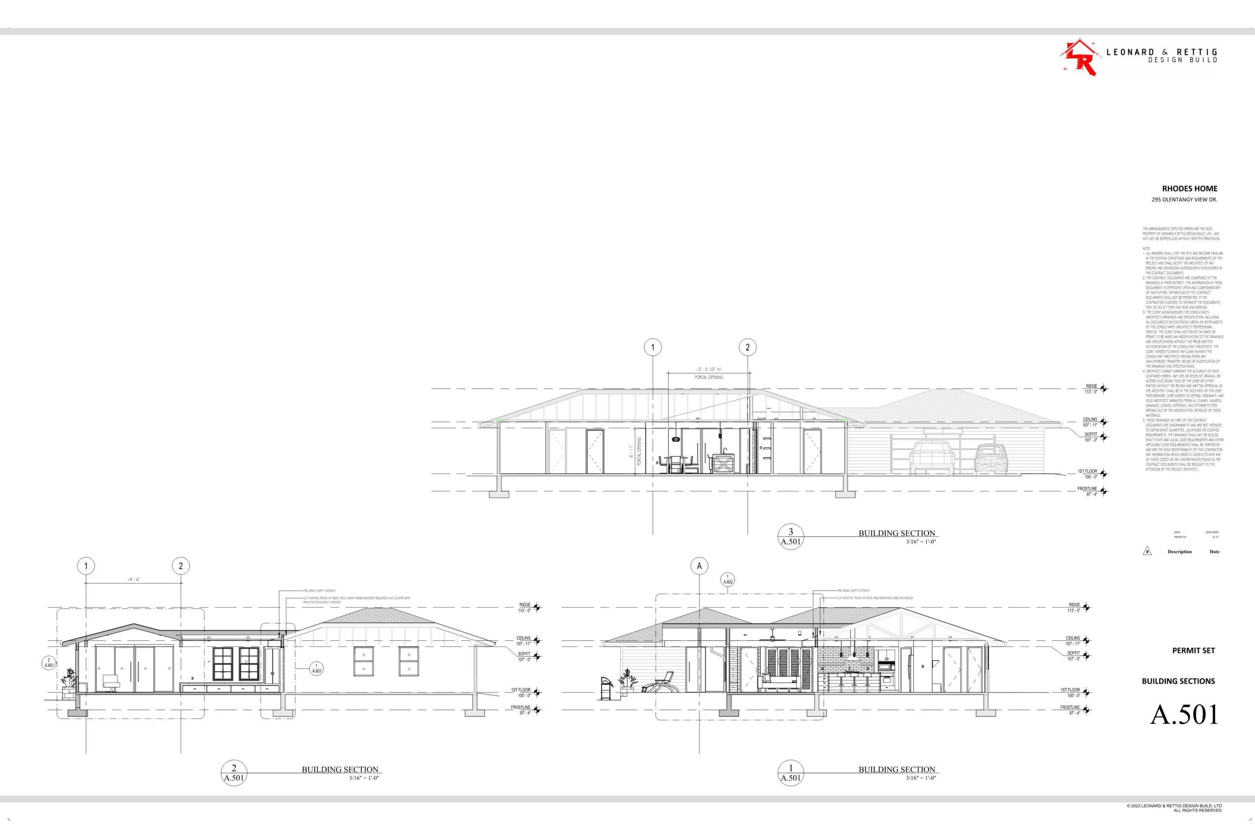Drawing of a house with a lot of windows on a white background, with the text "Rhodes Home - A501"