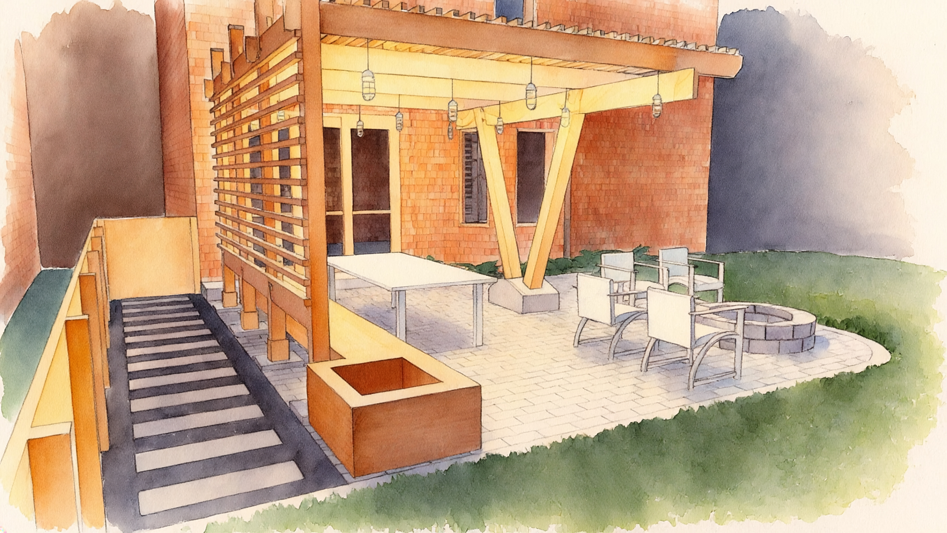 Watercolor painting of a patio with a table and chairs, surrounded by a building with windows and doors