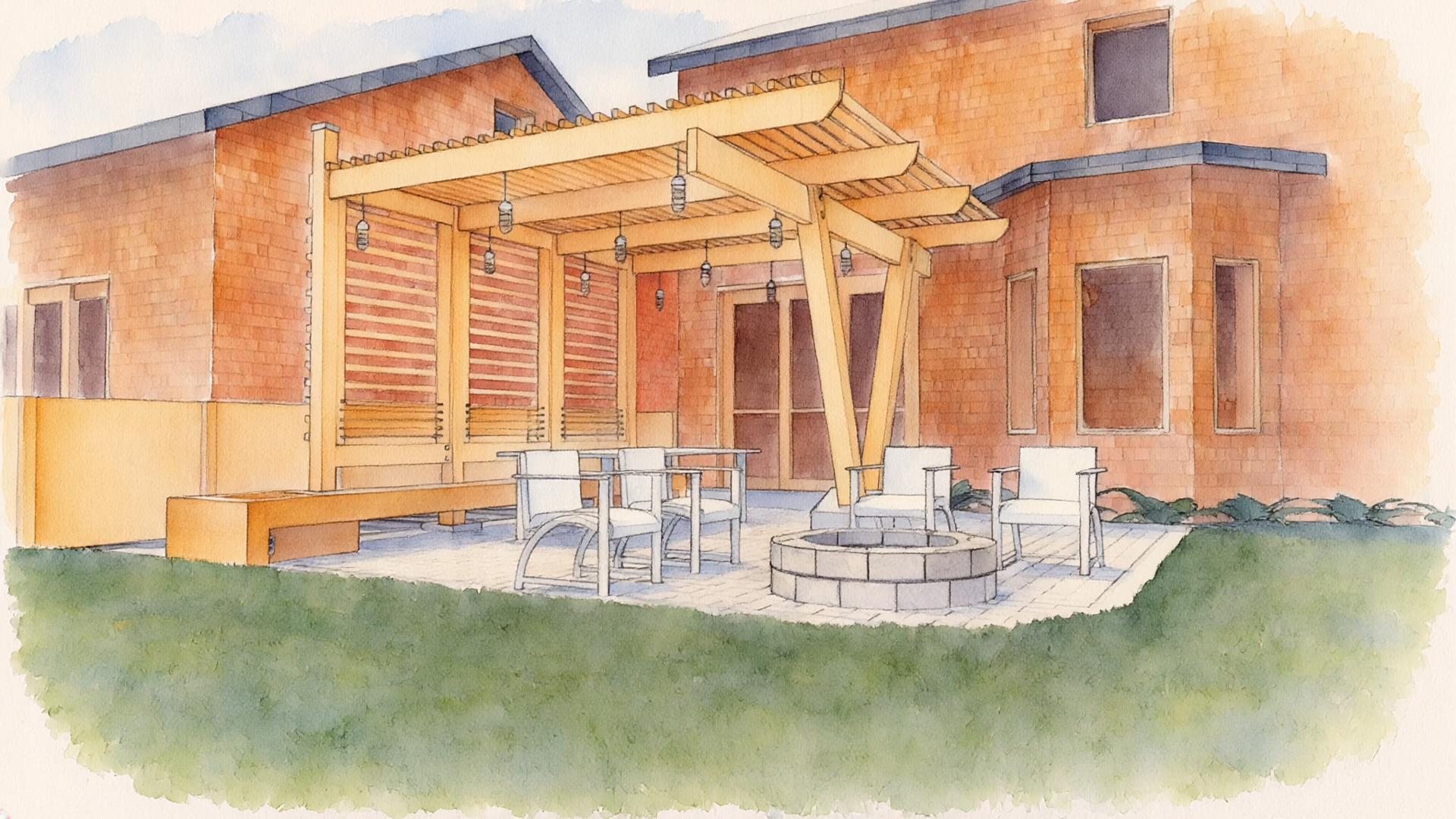 Watercolor painting of a house with a patio featuring a fire pit, chairs, tables, plants, and a pergola