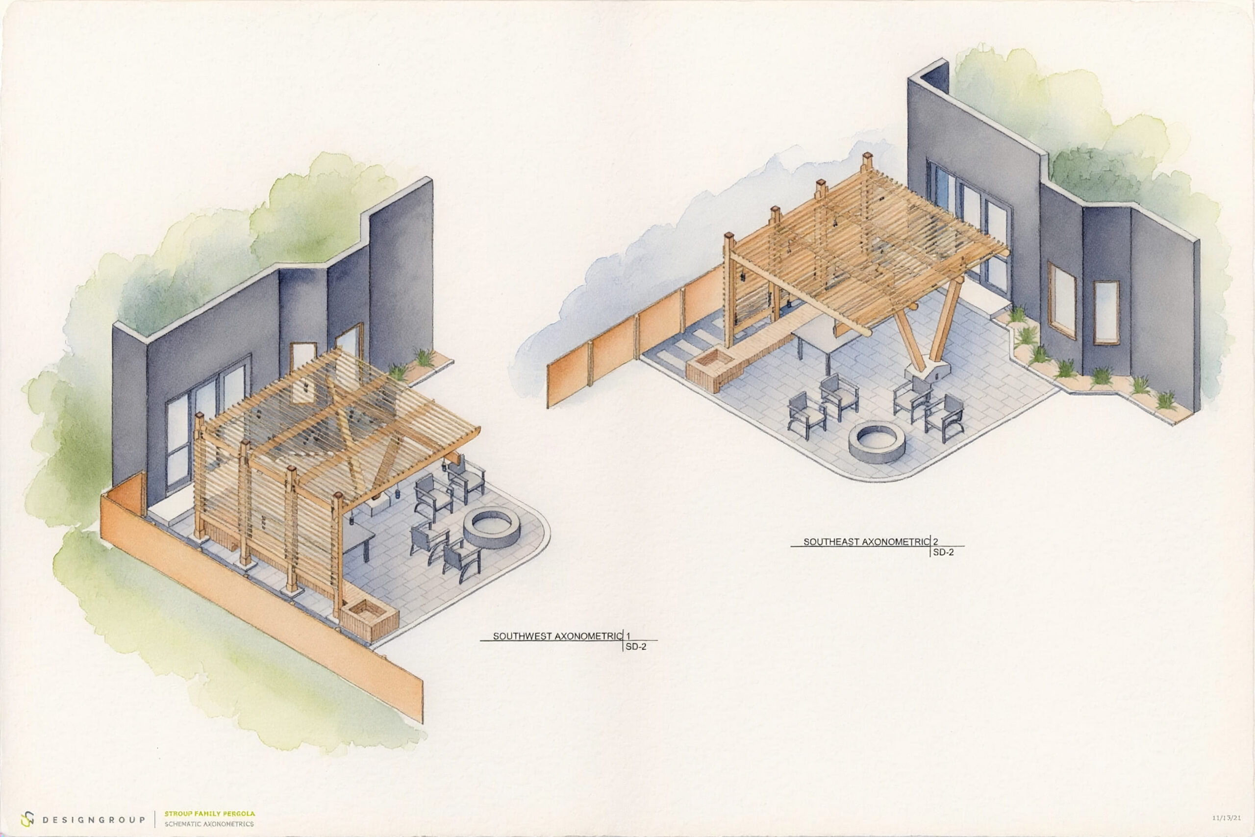 Drawing of a house with a wooden deck and a patio surrounded by trees