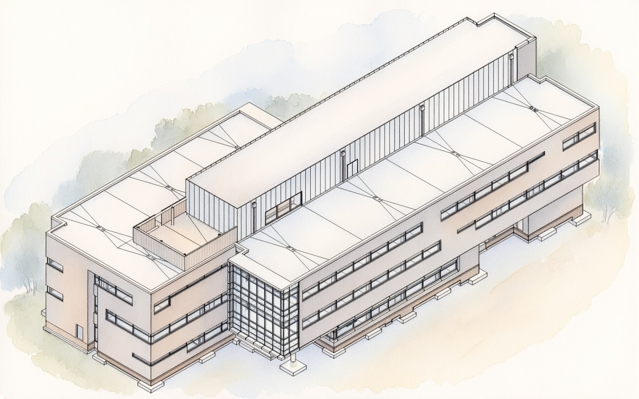 Drawing of a building with a lot of windows, surrounded by trees