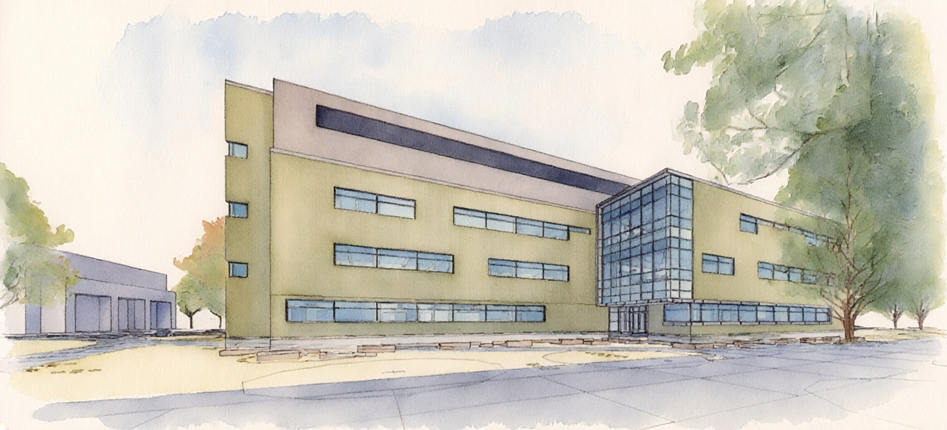 Watercolor painting of a building with trees in the foreground and a sky in the background