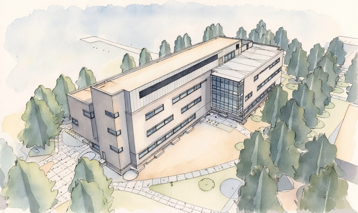Artist's rendering of a building surrounded by trees