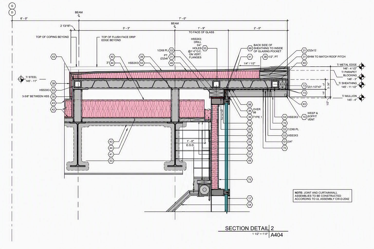 Drawing of a building with a section detail, featuring a detailed design of the structure with text written on it