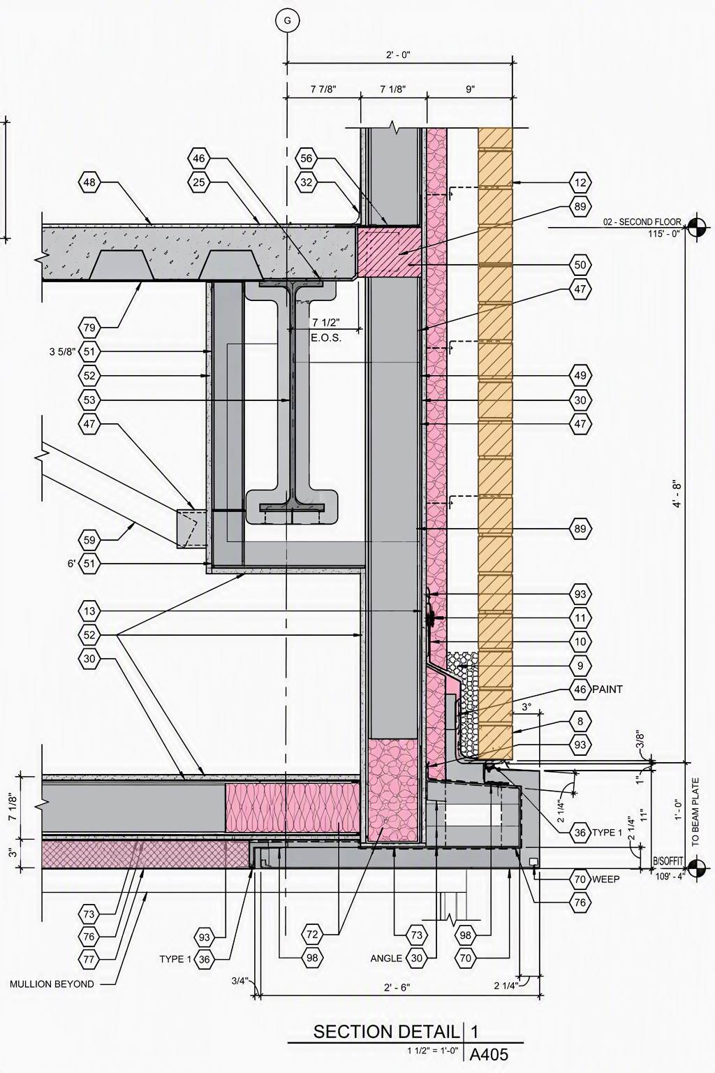 Drawing of a section of a building with a section detail, featuring a sectional section of the wall