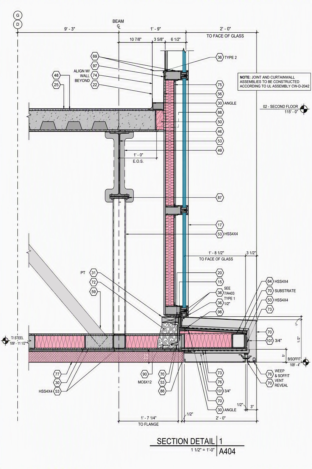 Drawing of a section of a building with a section detail, featuring a wall with a beam