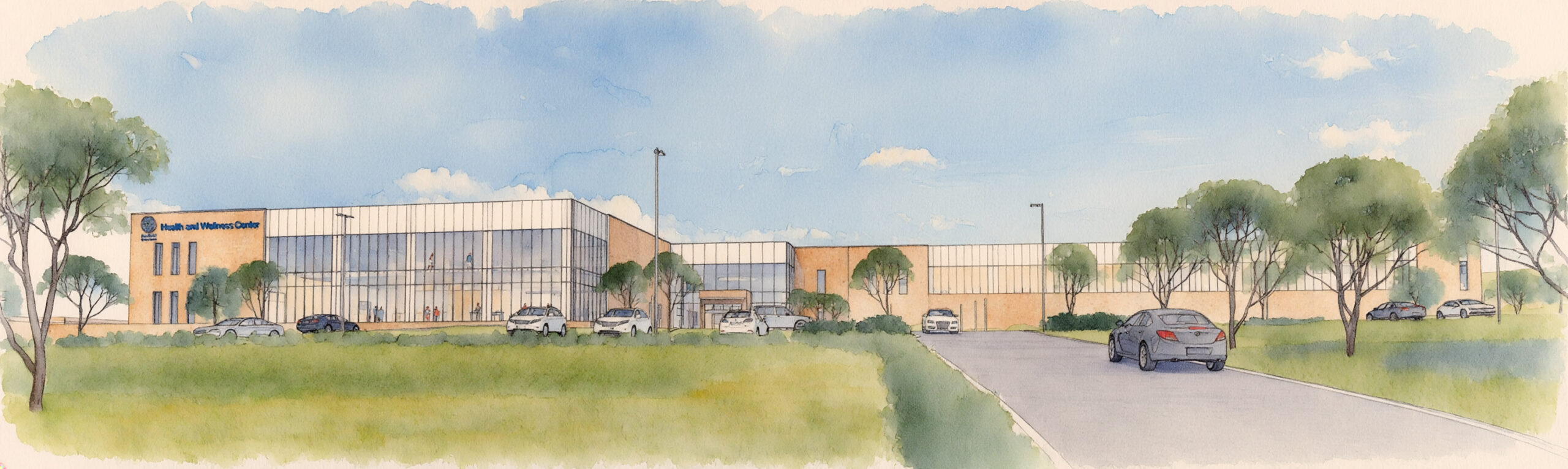 Watercolor painting of a building with cars parked in front of it, surrounded by trees, plants, and grass