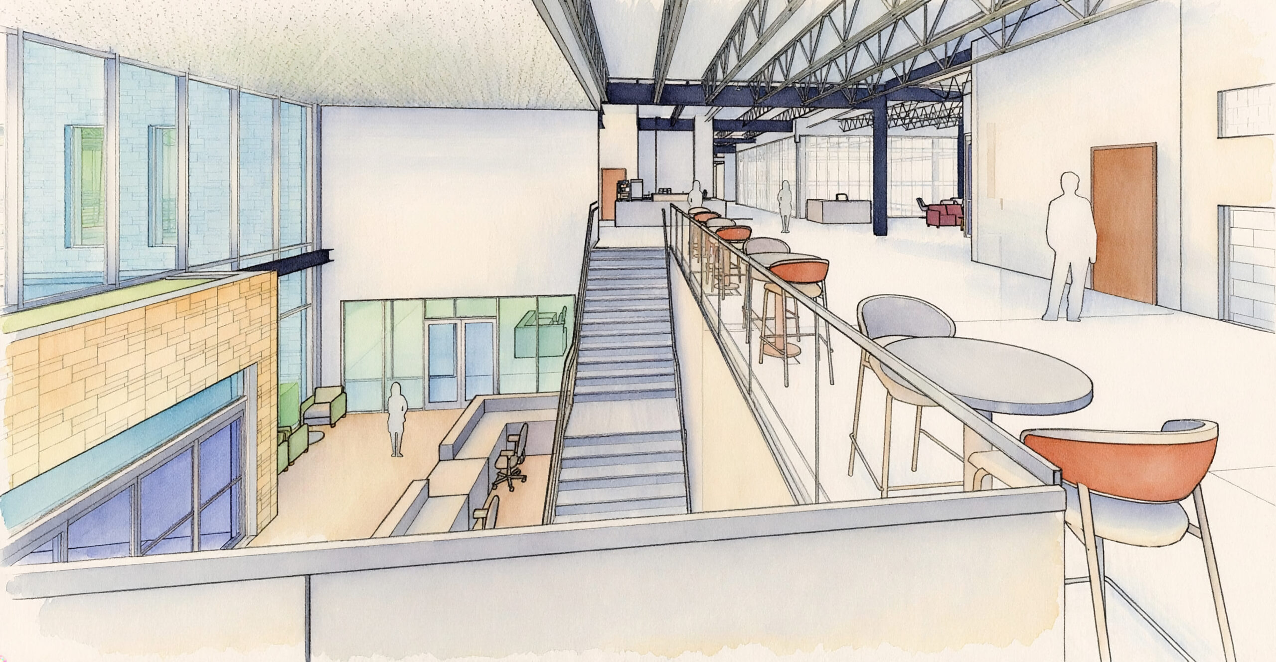 Drawing of a large room with tables, chairs, stairs, people, walls, doors, windows, and other objects