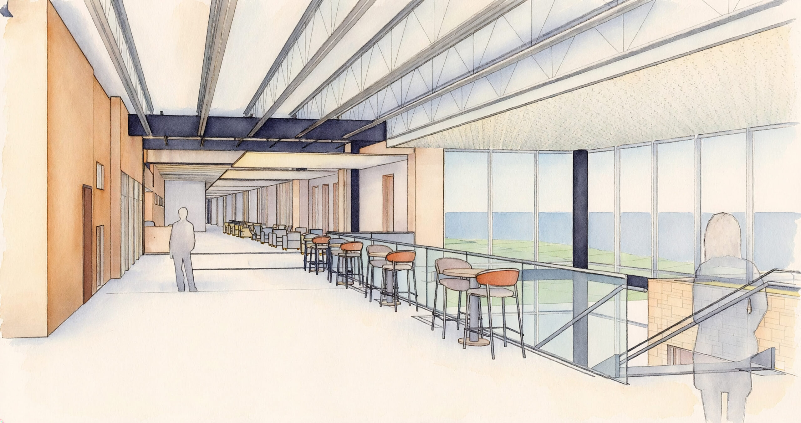 Drawing of a long hallway with tables and chairs, a person standing on the floor, doors, walls, glass windows