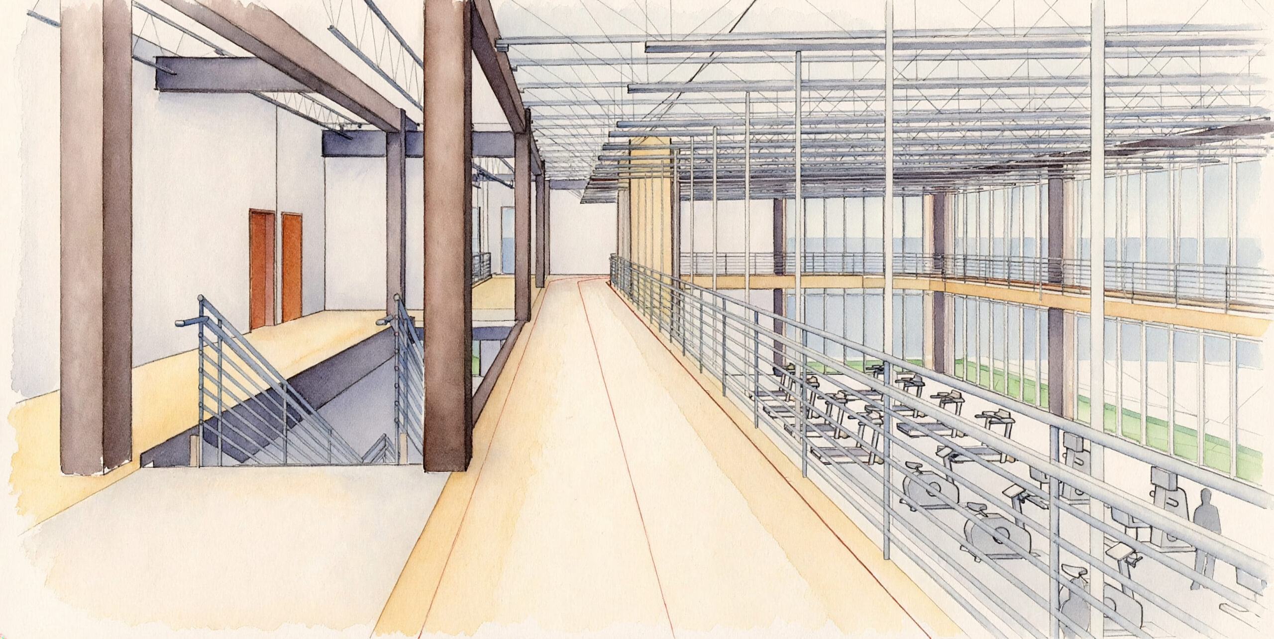 Drawing of a large room with a lot of windows, pillars, railings, stairs, doors, and a roof
