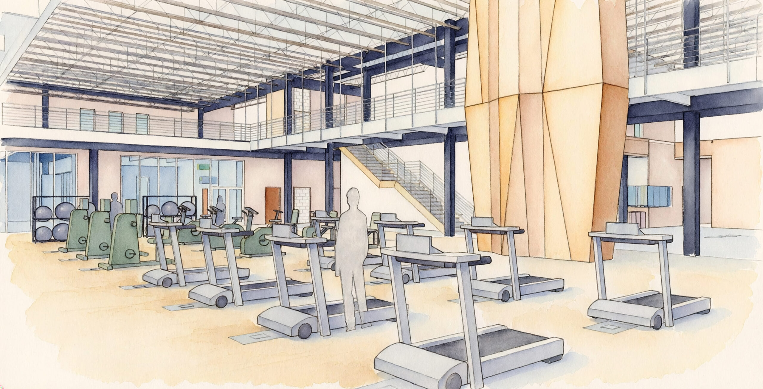Drawing of a gym with treadmills, elliptical machines, people, pillars, railings, steps, walls, windows, doors