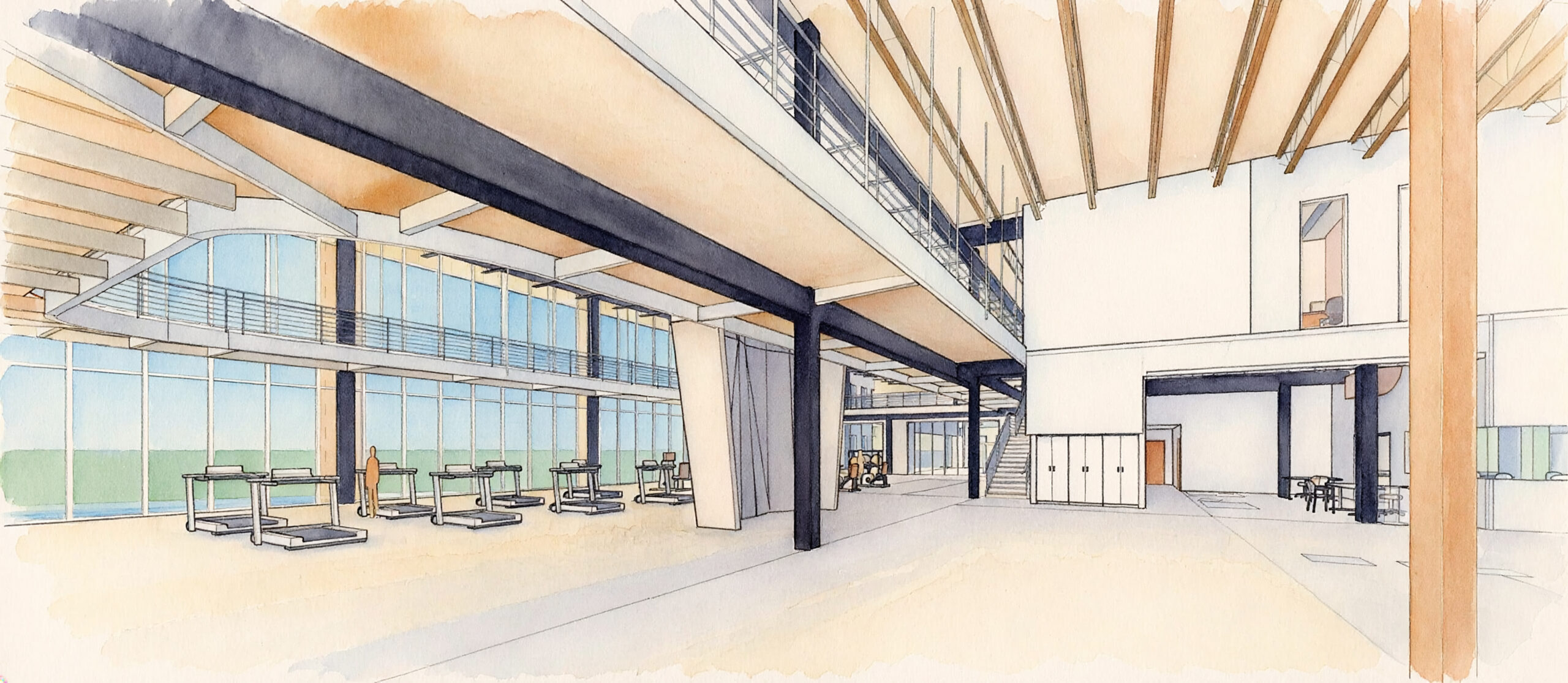 Large room with a lot of windows, pillars, tables, chairs, a staircase, a railing, and a roof