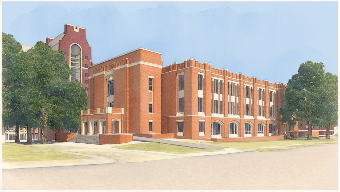 Artist's rendering of a large brick building with a clock tower, surrounded by trees and grass