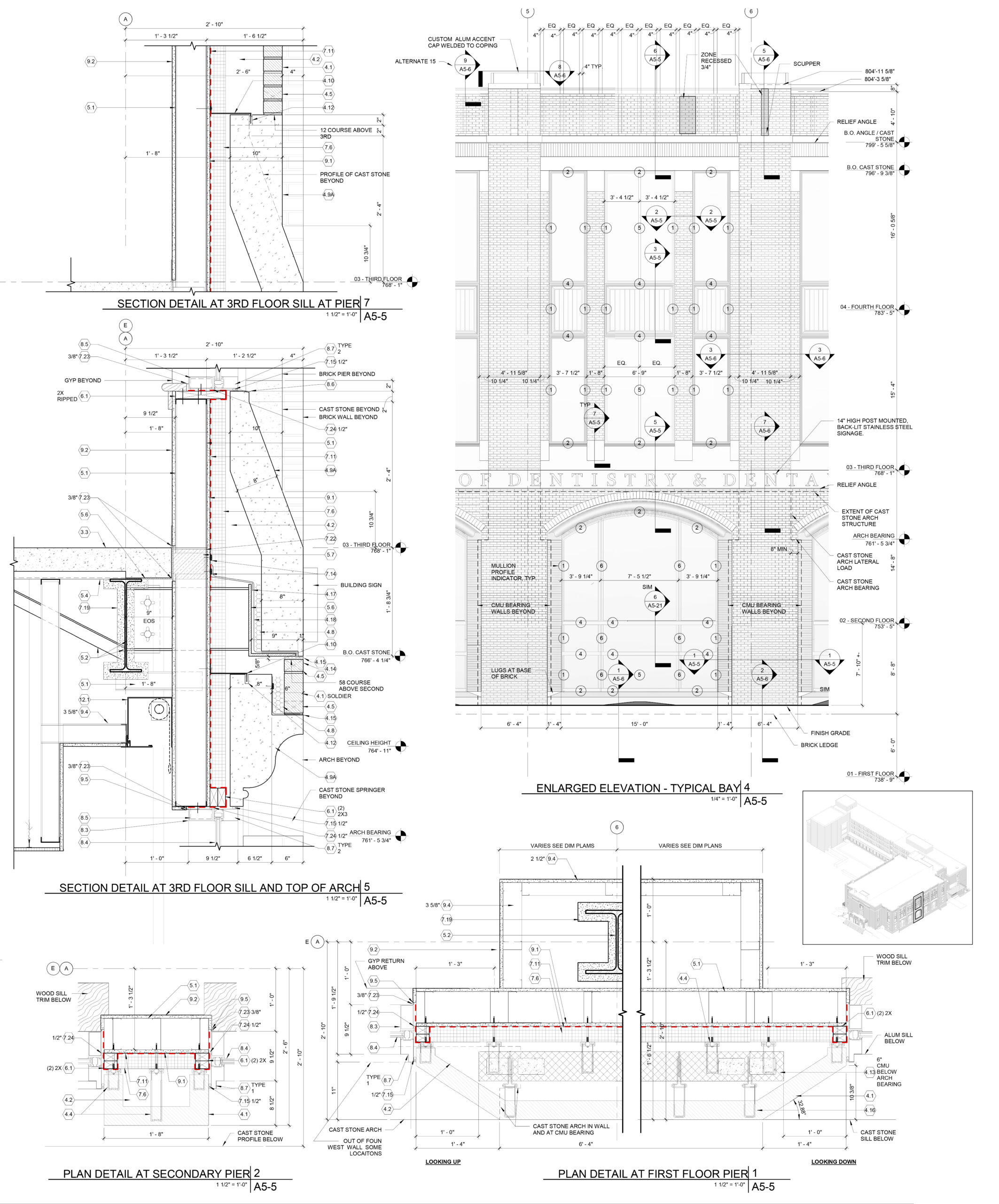 Drawing of a building with a lot of details, including a section of the first floor plan