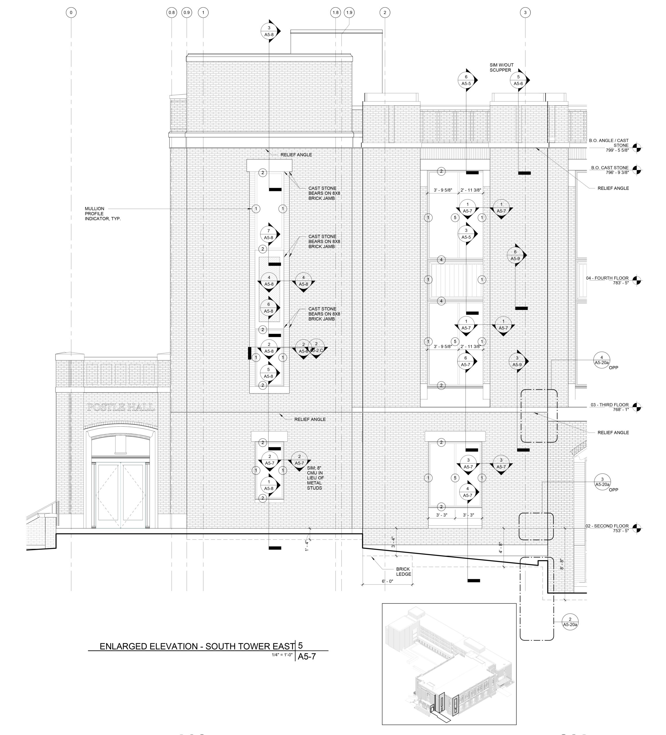 Detailed drawing of a building with a lot of windows, including a floor plan of the 5