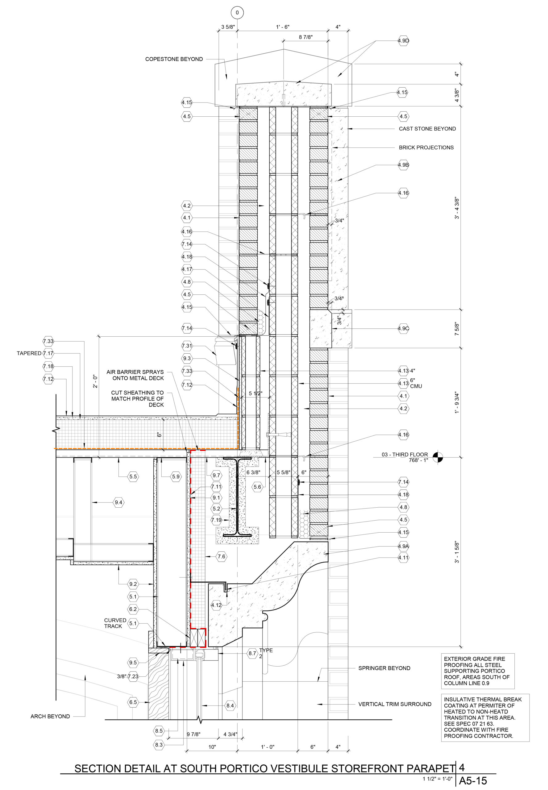 Section detail of a building with a lot of details, including a section of the south portico vestibule