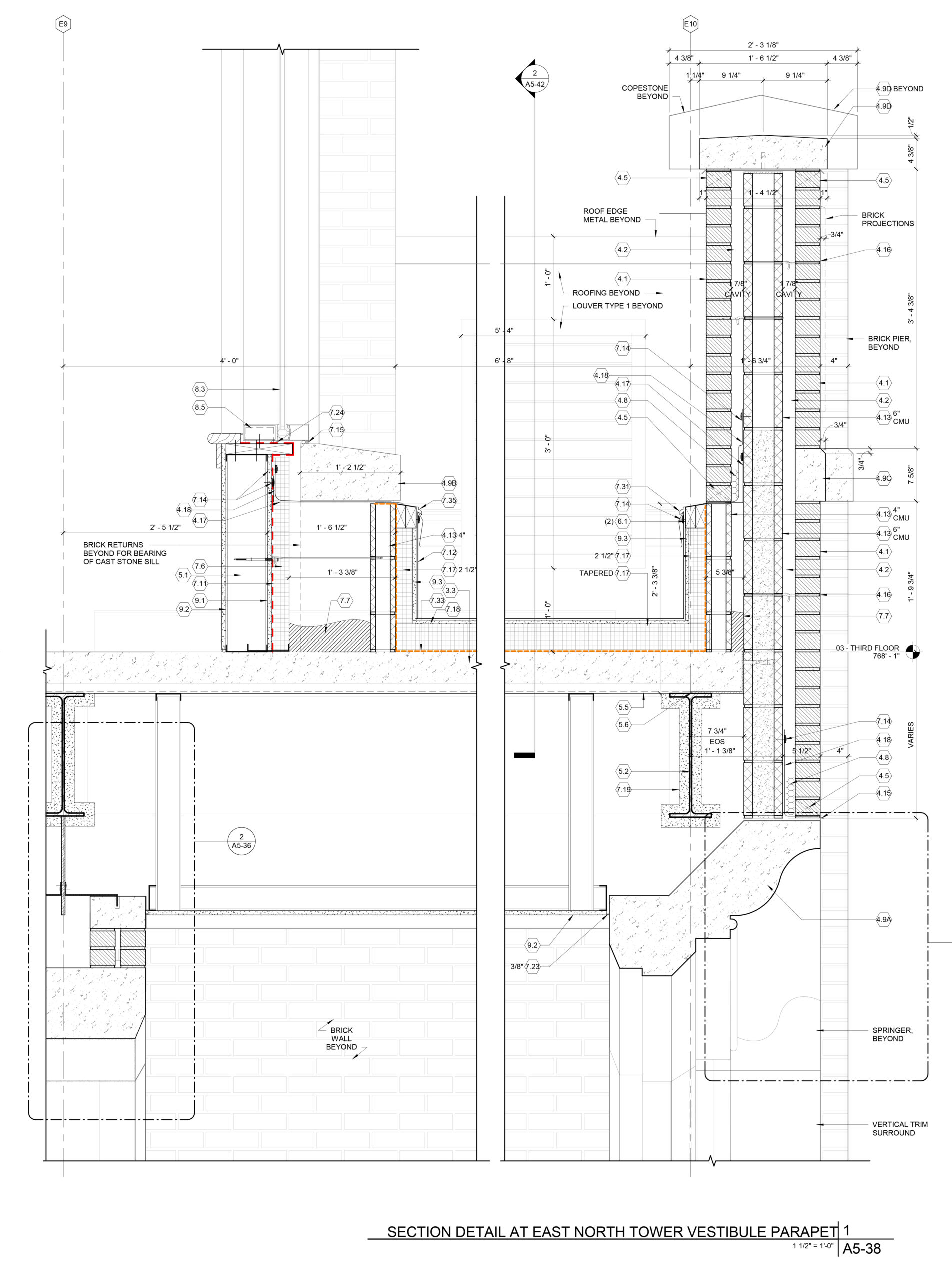 Section detail of the Parapet1, with a drawing of the building's structure and text detailing the various components