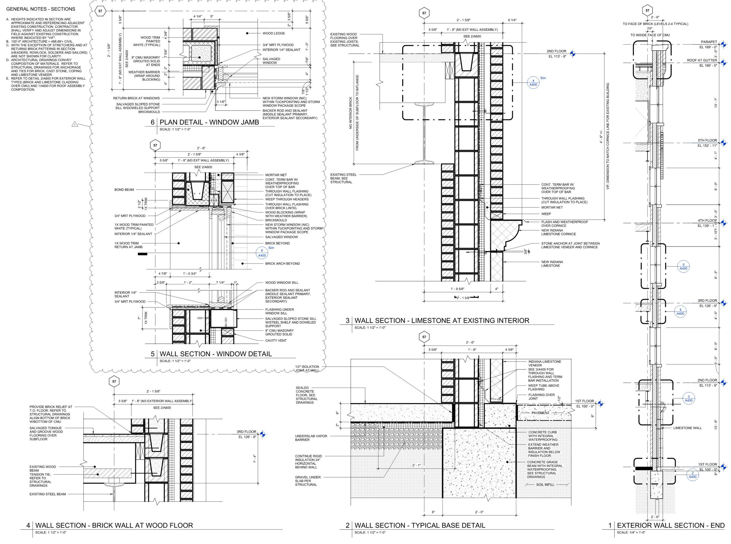Drawing of a building with a lot of details, including a section of the wall section and a section section