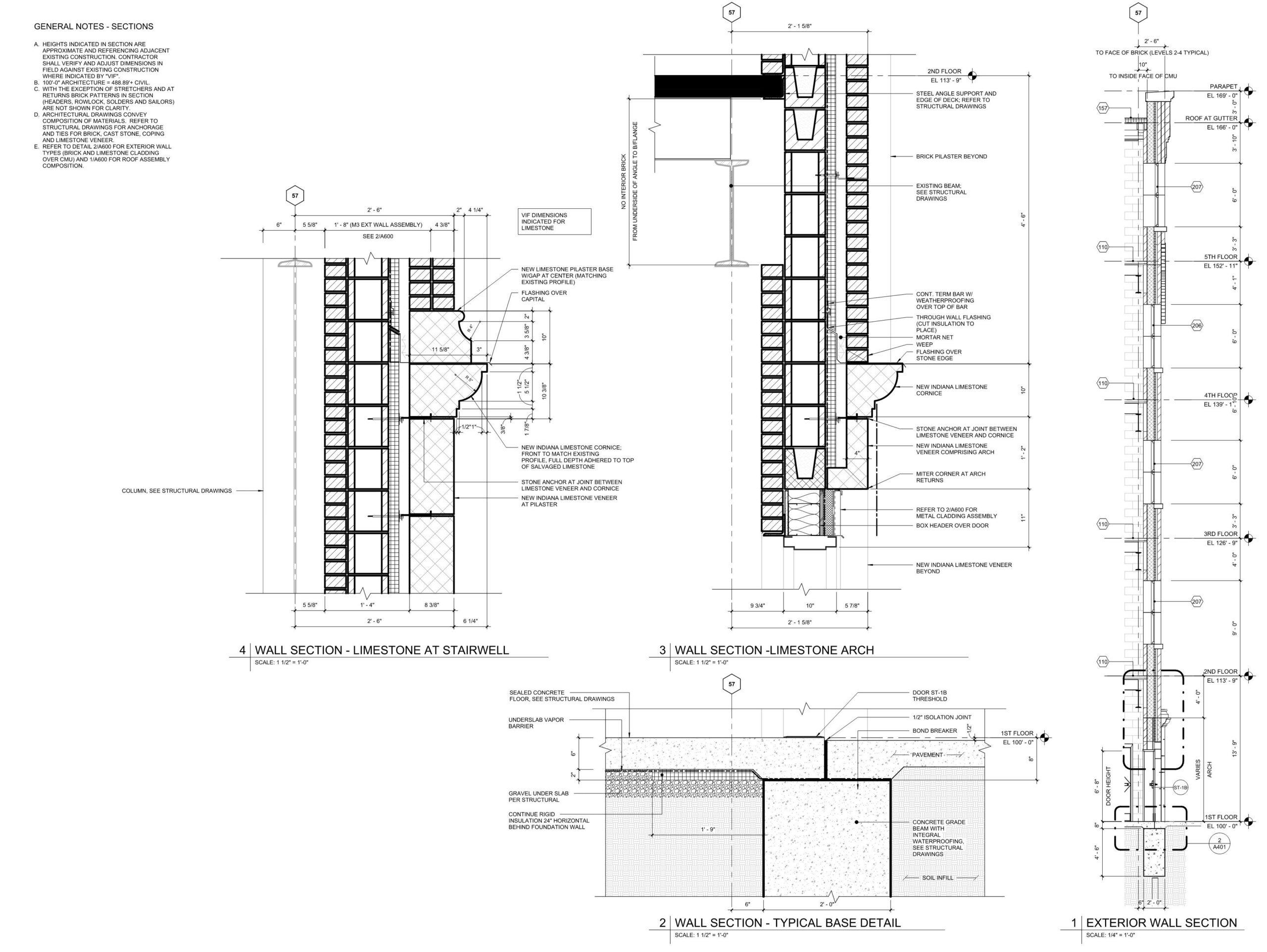Drawing of a building with a lot of details, including a section of the wall section and a stairwell section