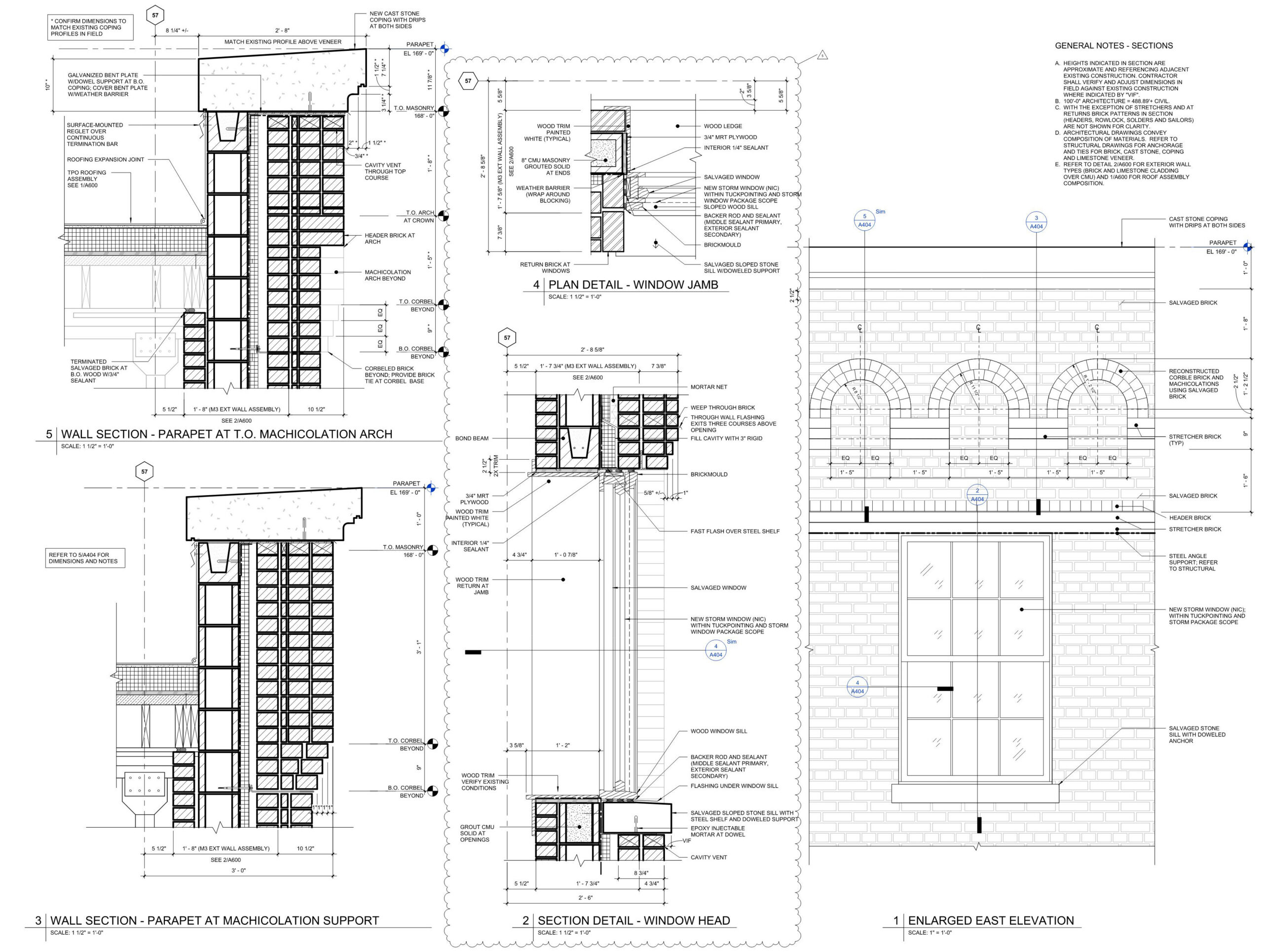 Drawing of a building with a lot of details, including a section of the building's facade