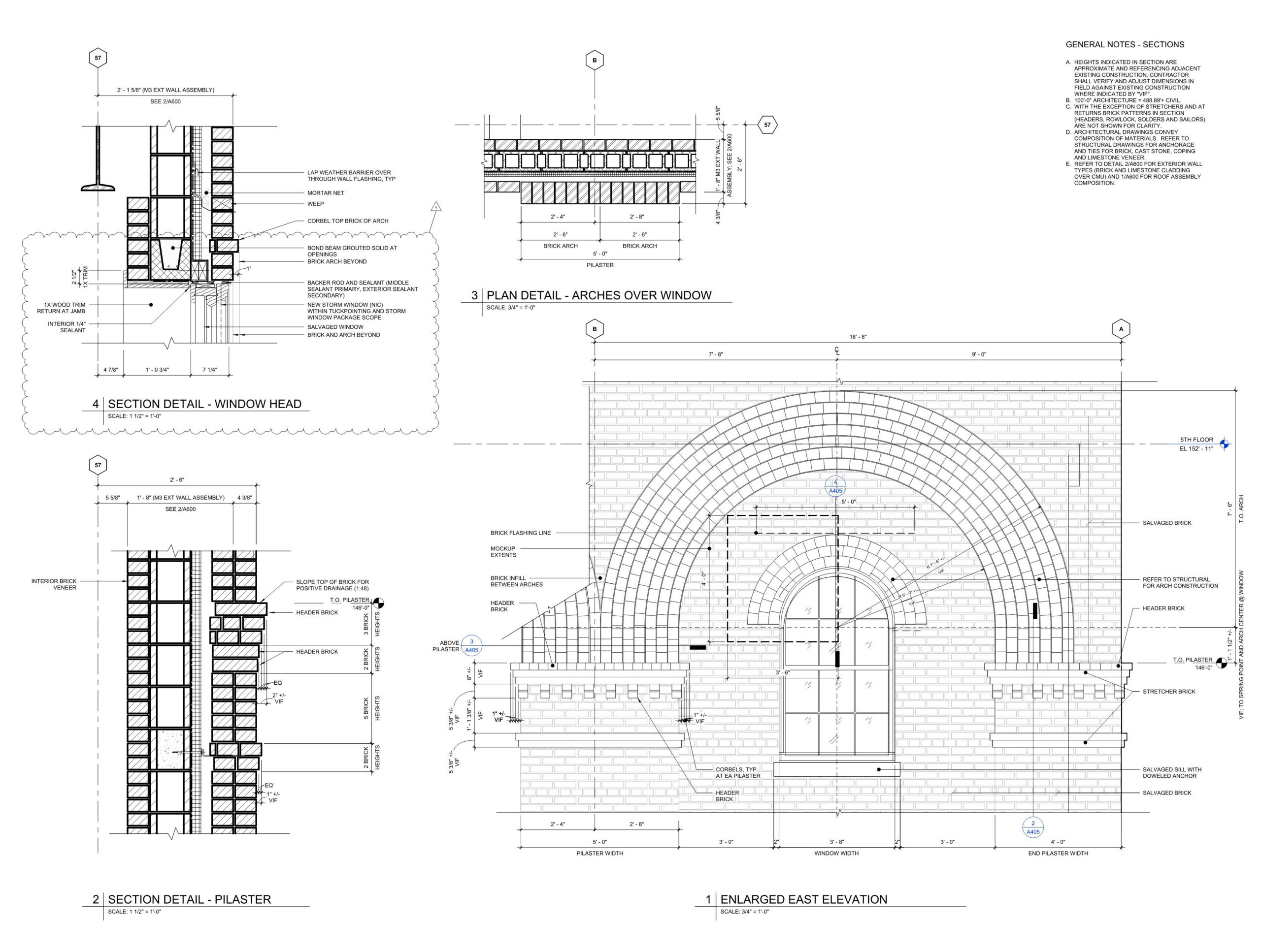 Drawing of a brick archway with a window, which is part of a building design