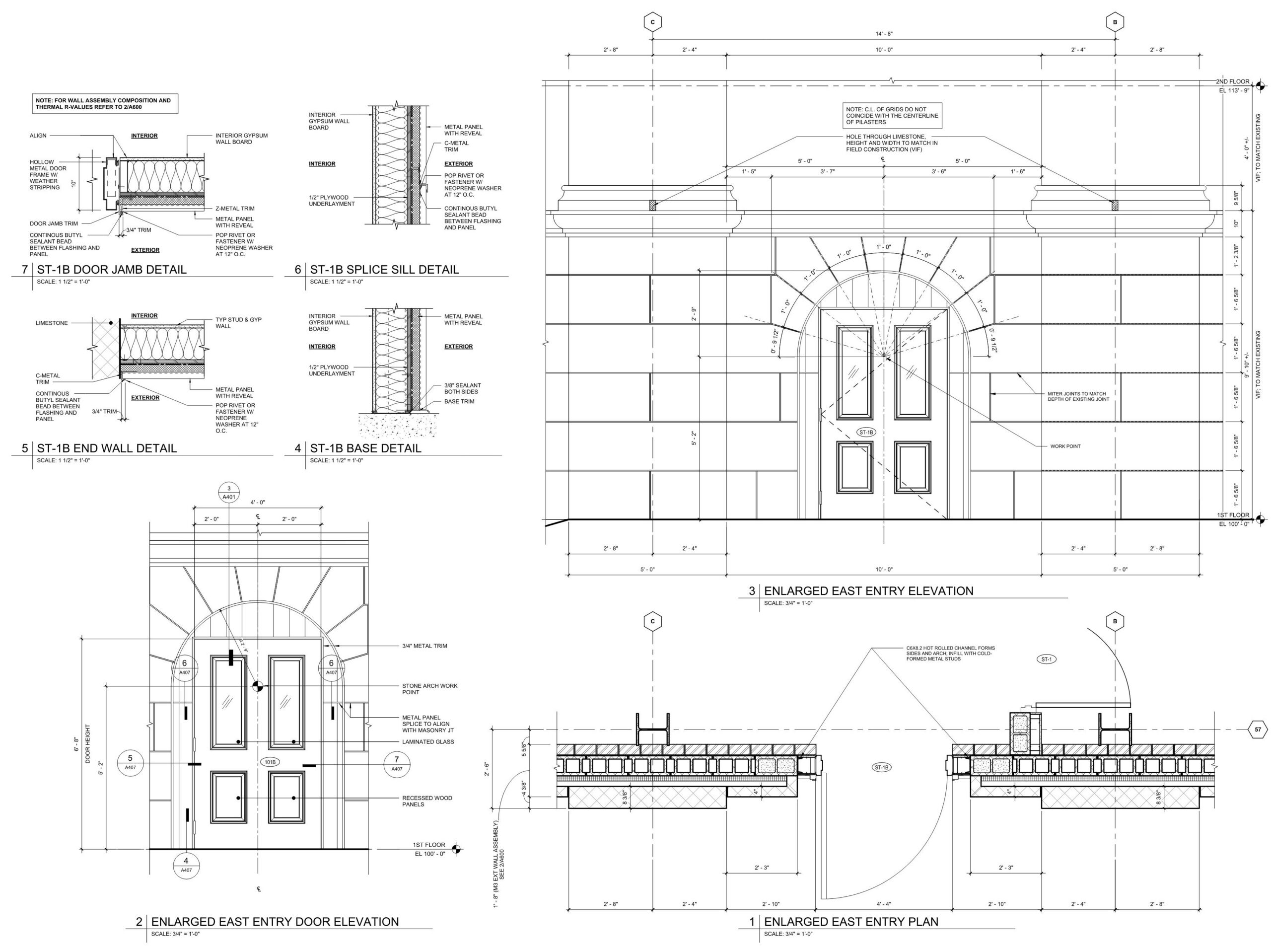 Drawing of a building with a lot of details, including a detailed elevation of the building
