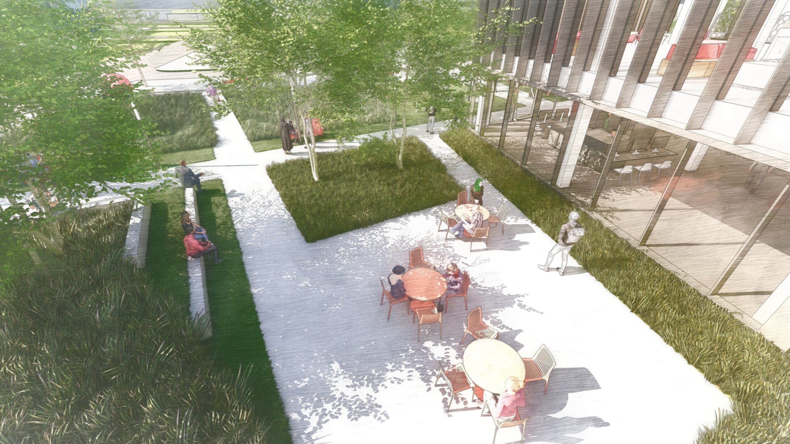 Aerial view of a courtyard with tables and chairs surrounded by trees, grass, and a building with pillars