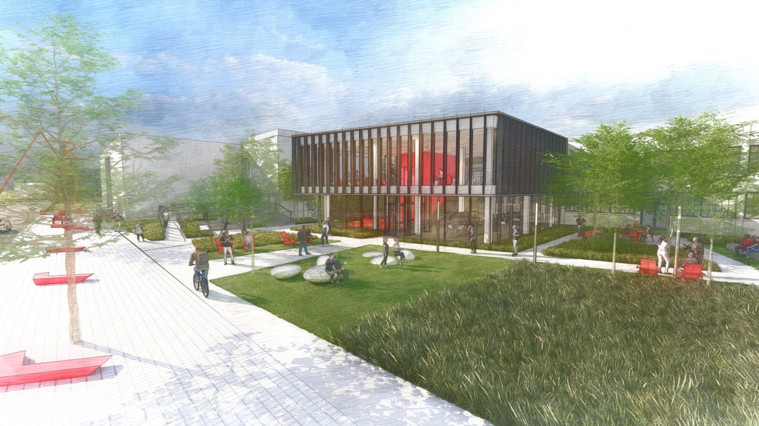 Artist's rendering of a building with a green lawn in front of it, surrounded by trees, grass, benches, and people