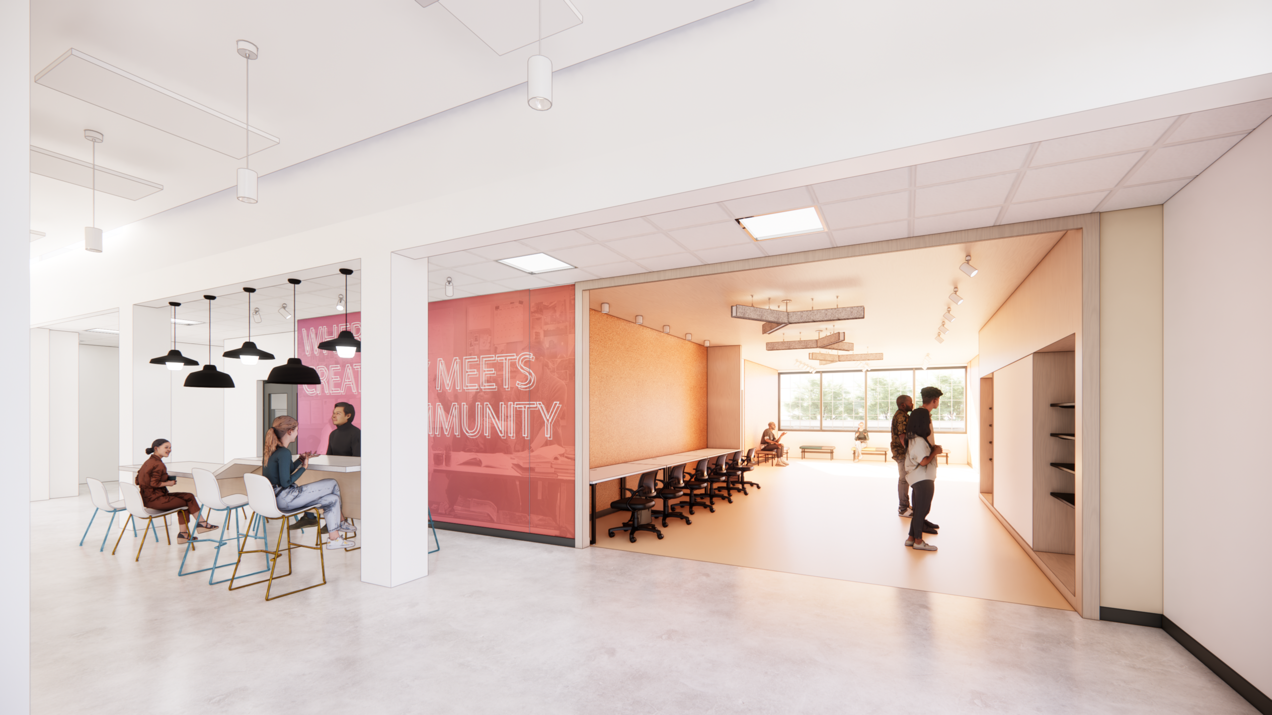 Room with people sitting at tables and chairs in it