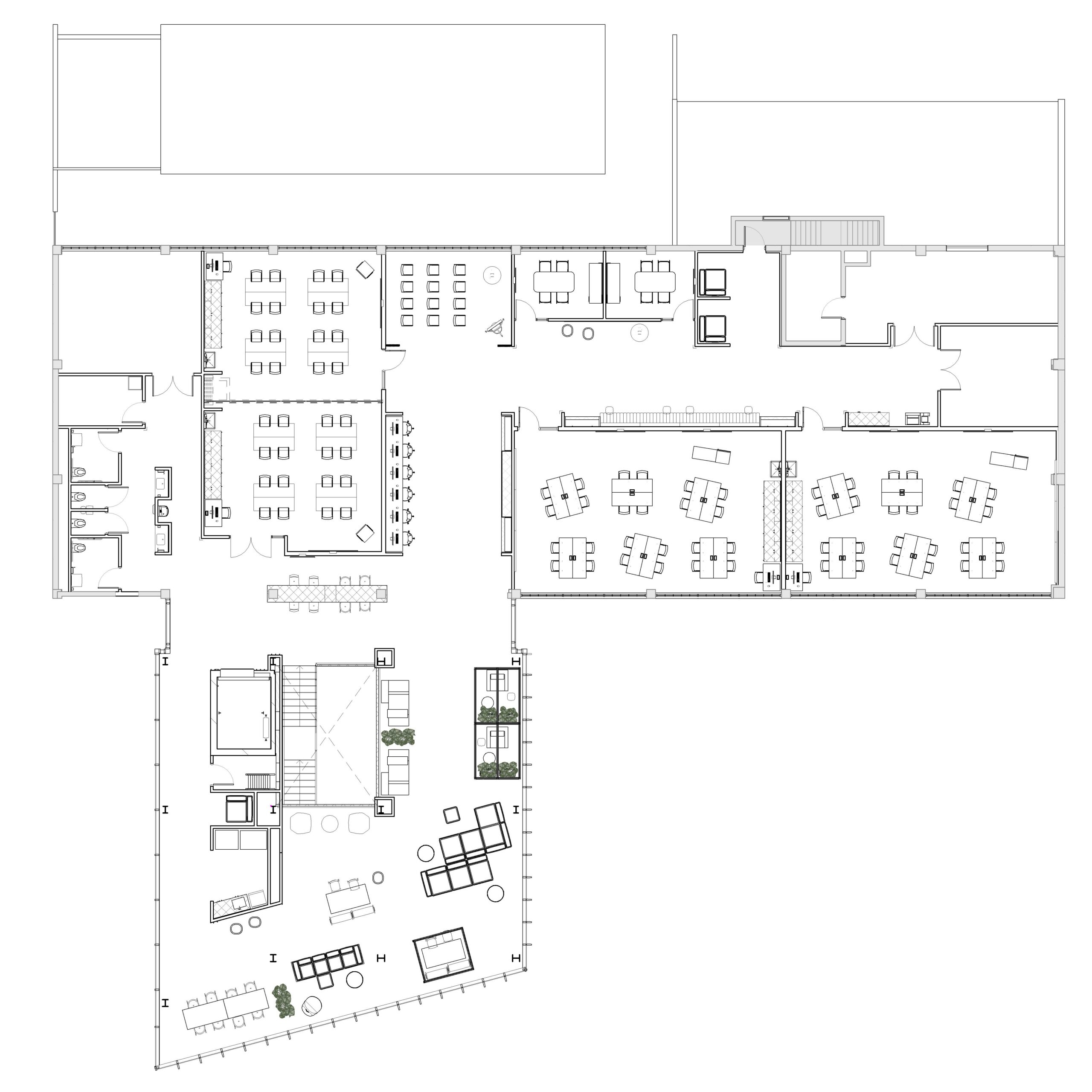 Floor plan of a building with a lot of rooms, including a kitchen, living room, dining area, and other features