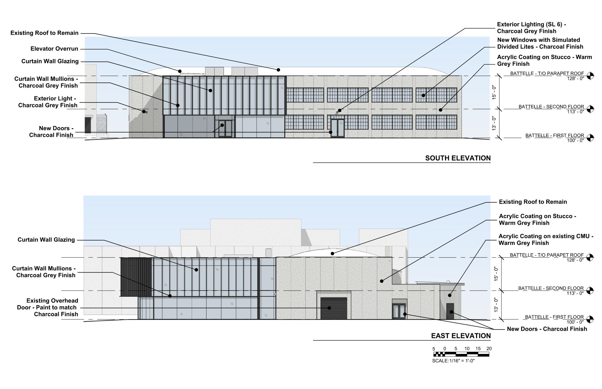 Drawing of a building with a lot of windows, labeled with text and numbers
