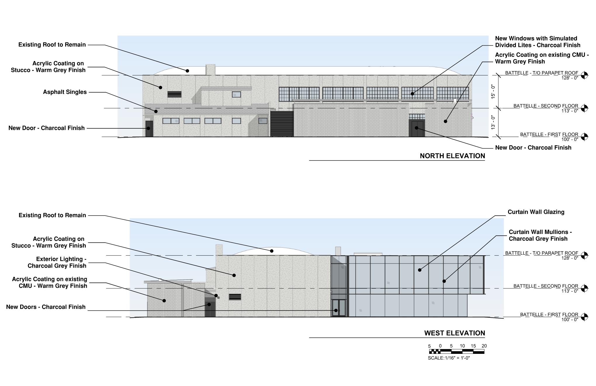 Drawing of a building with a lot of windows, labeled with text, against a white background