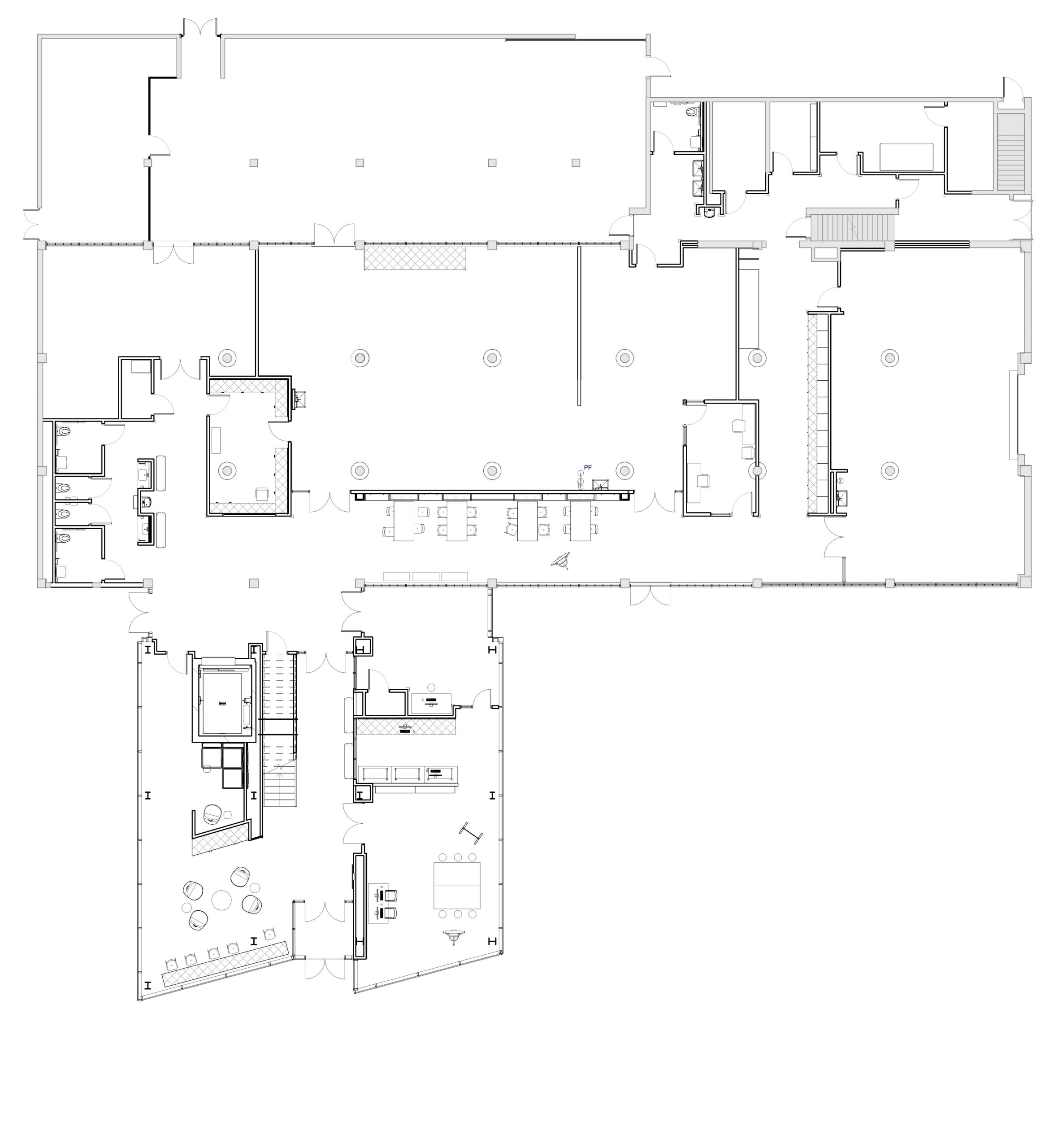 Floor plan of a building with a lot of rooms, including a kitchen, living room, dining area, and other features