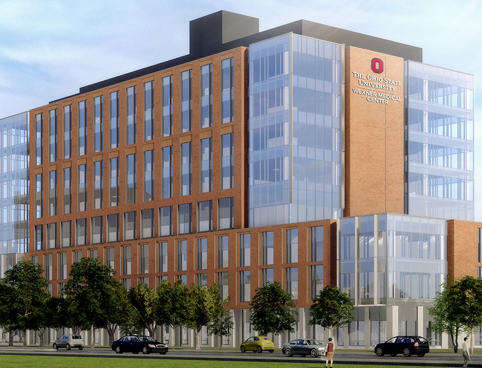 Artist's rendering of the proposed, with a large building surrounded by trees, vehicles, and people