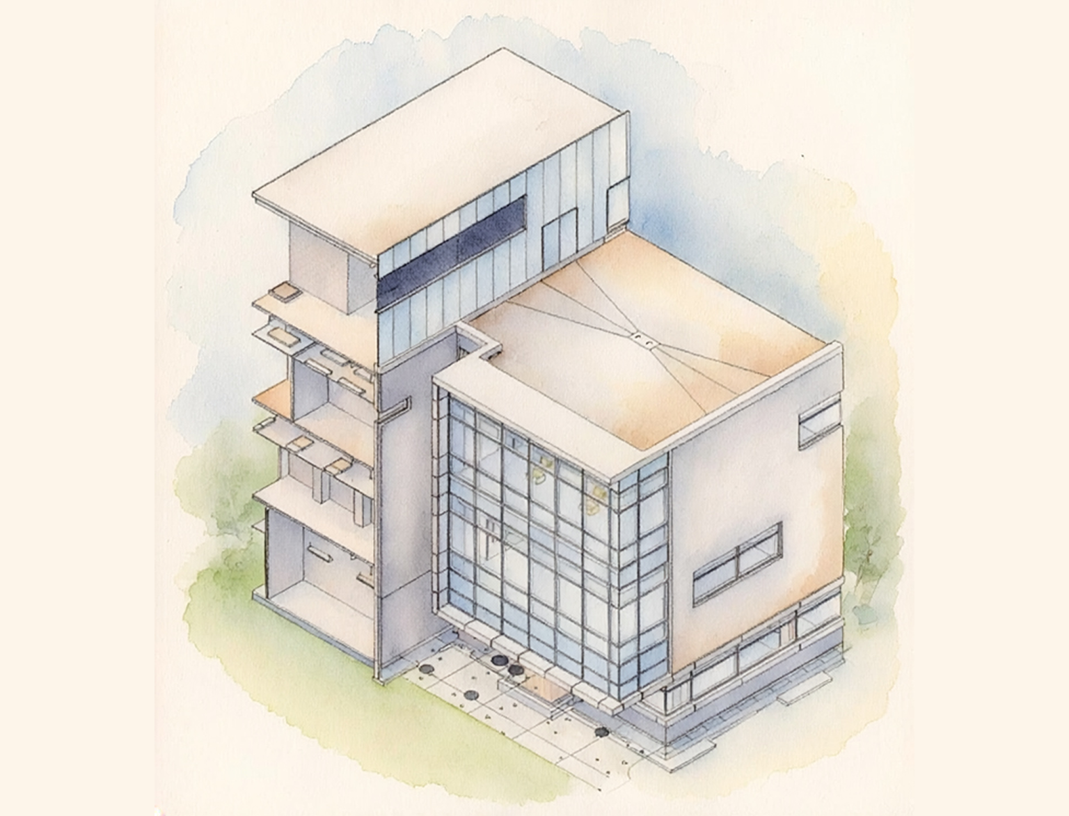 Drawing of a building with a lot of windows, set against a white background